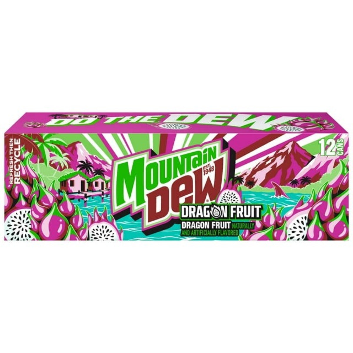 Front of Mountain Dew Dragon Fruit case showing vibrant logo and dragon fruit imagery with 12 cans (355ml x12)