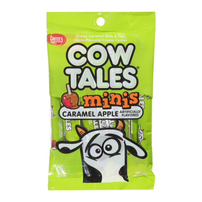 Front of Cow Tales Caramel Apple Minis bag showing bright green packaging, logo, and a depiction of chewy caramel with apple flavour (113g pack)