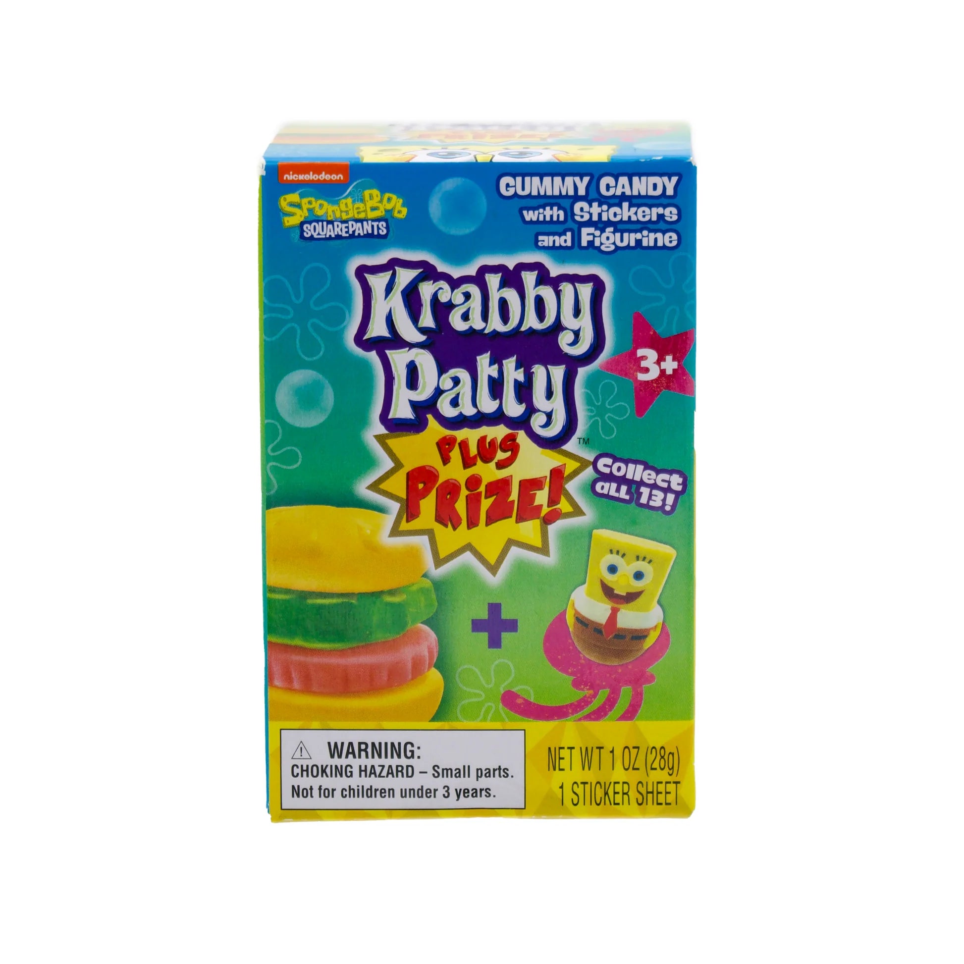 Front of Spongebob Squarepants Krabby Patty Plus Prize box featuring colourful gummy candies, stickers, and a figurine (28g pack)