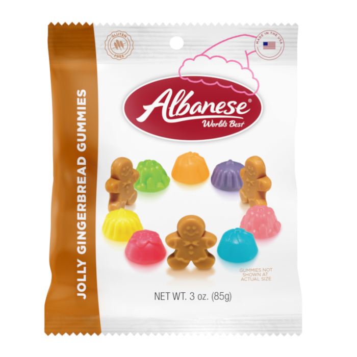 Front of Albanese World's Best Jolly Gingerbread Gummies bag showing colourful gummy shapes and logo (85g)