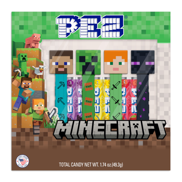 Front of PEZ Minecraft Gift Set showing iconic character dispensers and colourful packaging (49g)