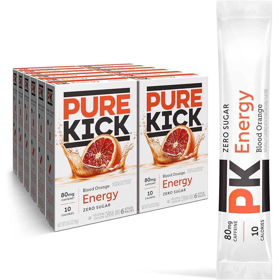 Front of Pure Kick Energy Blood Orange Singles to Go box showing bold logo, blood orange flavour label, and pack of 12 drink mixes (216g)