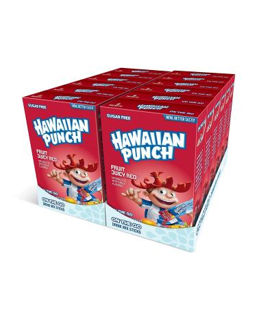 Front of Hawaiian Punch Fruit Juicy Red Singles To Go 12 Pack showing red packaging, fruity flavour graphic, and character image.