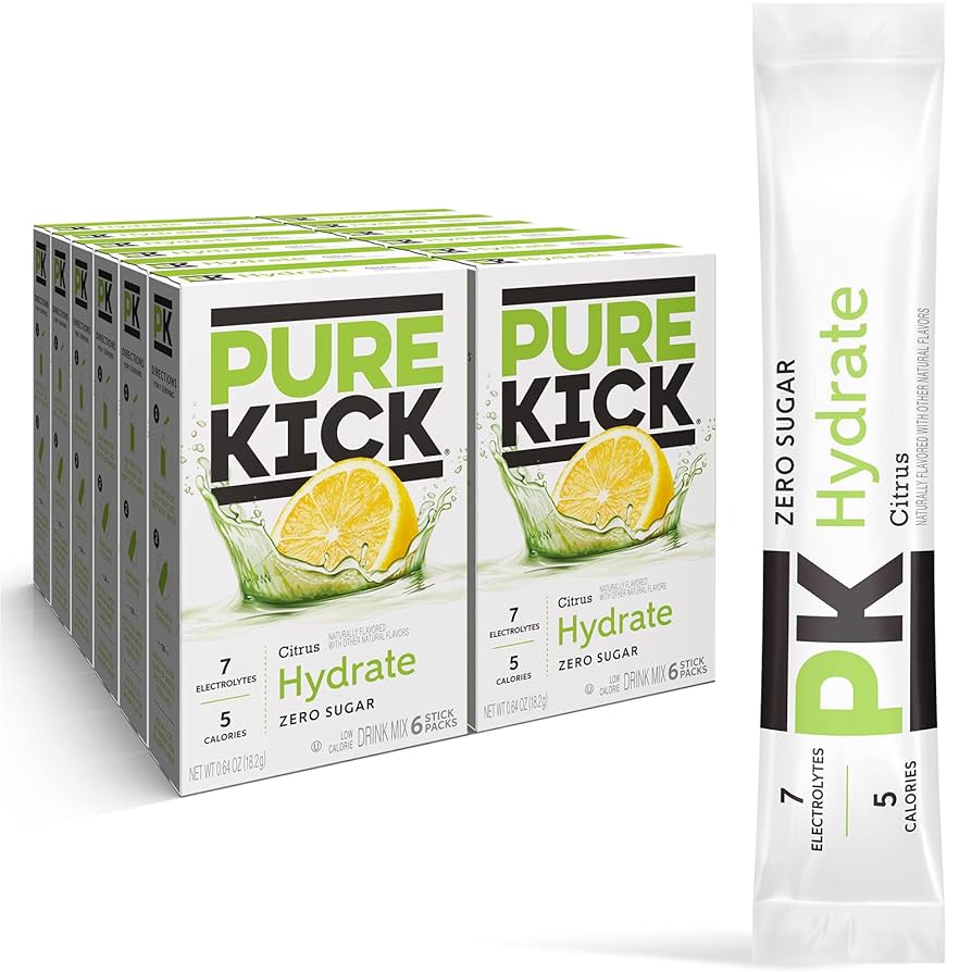 Front of Pure Kick Energy Citrus Hydrate Singles to Go box showing refreshing citrus design, zero sugar label, and pack of 12 single serve sticks.