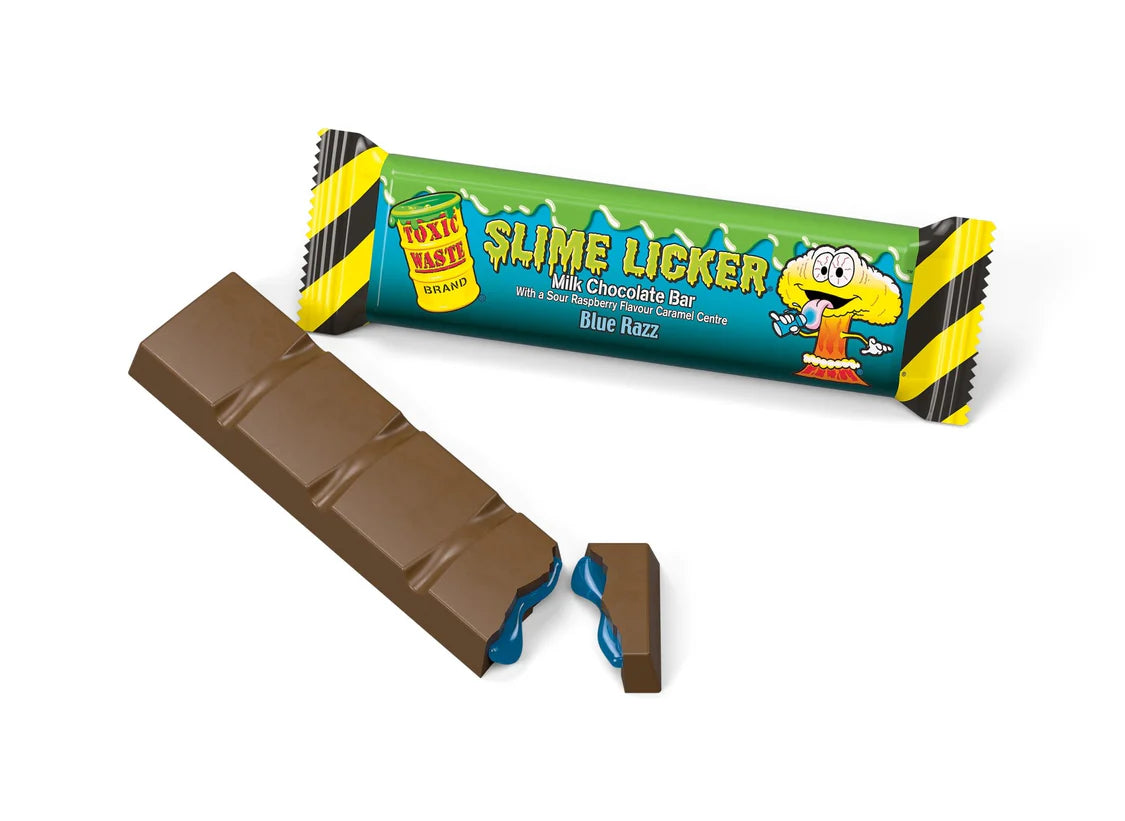 Front of Toxic Waste Slime Licker Milk Chocolate Bar showing bright blue label, yellow accents, and blue raspberry flavour description (50g)