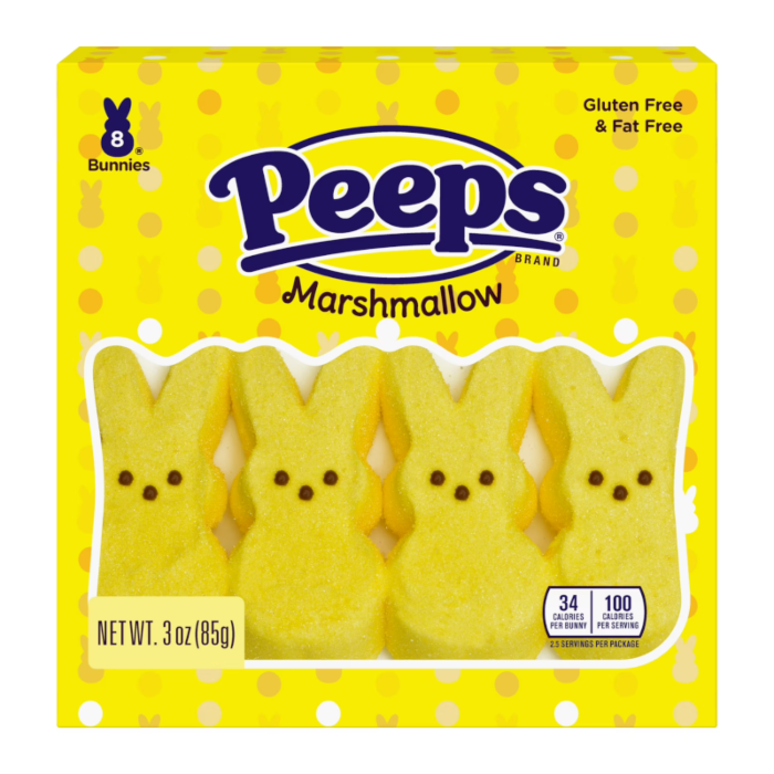 Front of Peeps Yellow Marshmallow Bunnies pack showing bright yellow packaging with bunny shapes, brand logo, and 85g pack size.
