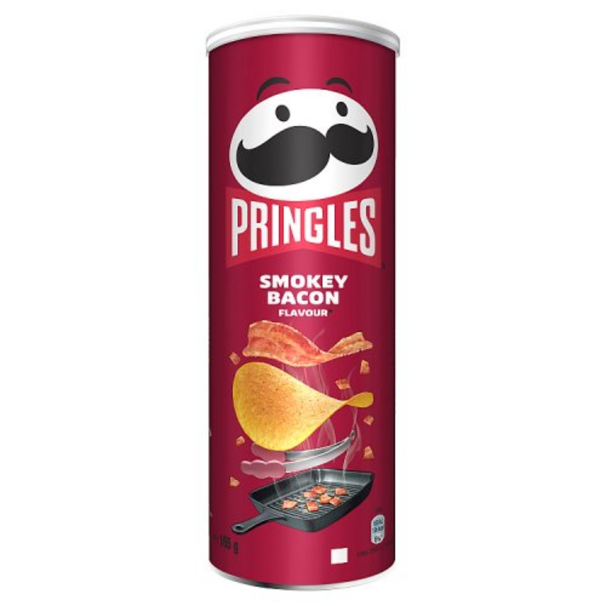 Front of a Pringles Smokey Bacon tube showing the logo, crispy chips, and bacon imagery (156g pack)