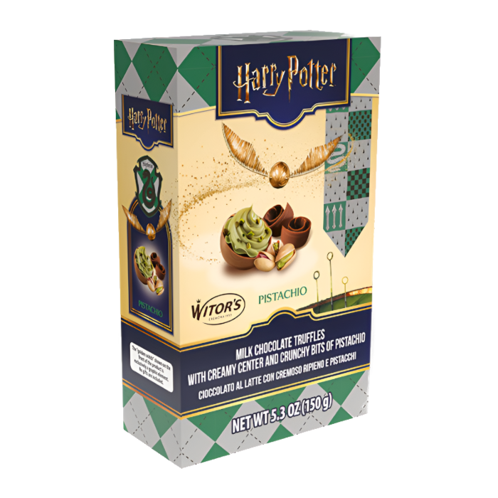 Front of Harry Potter Milk Chocolate Snitch Truffles box showing logo, pistachio filling imagery, and pack size (150g)