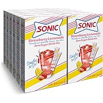 Front of Sonic Strawberry Lemonade Singles to Go pack featuring the logo, lemonade drink mix illustration, and a 12 pack size (254.4g)