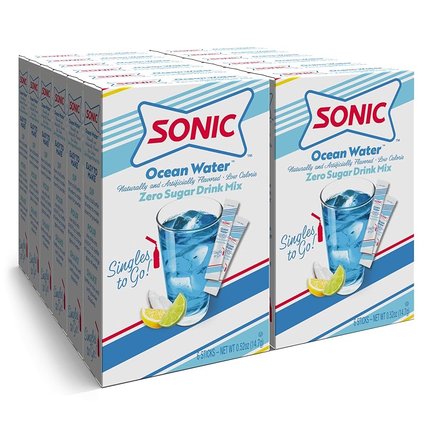 Front of Sonic Ocean Water Singles to Go packaging displaying logo and design with a glass of ocean water and lime, 12 pack of drink mix.