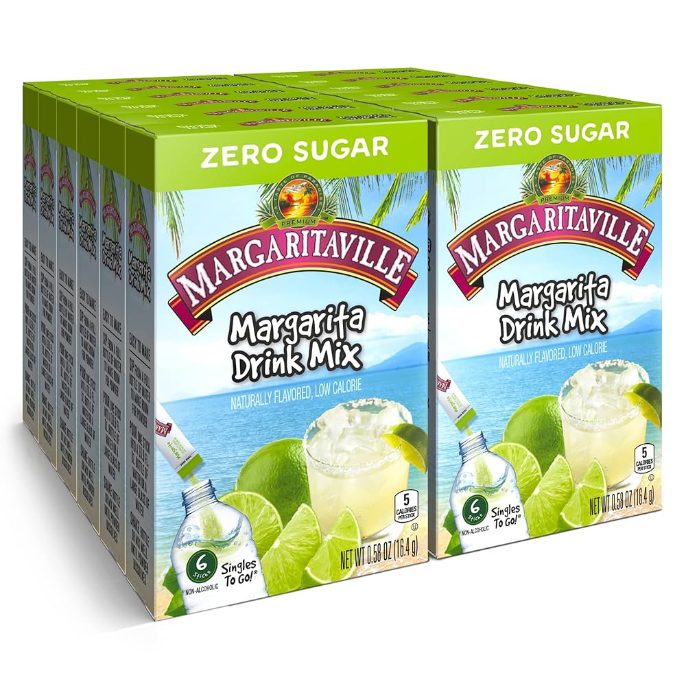 Front of Margaritaville Margarita Singles to Go pack showing logo, drink mix details, and vibrant margarita imagery (198g, 12 pack)