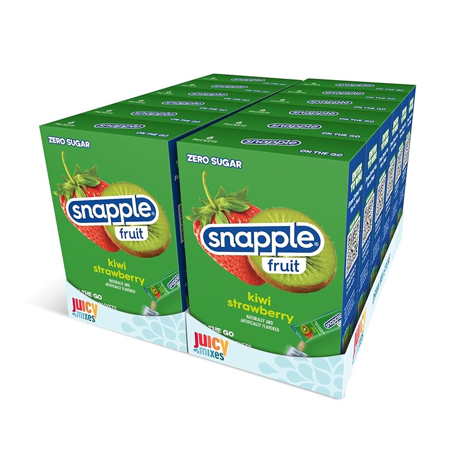 Front of Snapple Kiwi Strawberry Singles To Go box featuring logo, kiwi and strawberry images, and 12 pack description (194.4g).