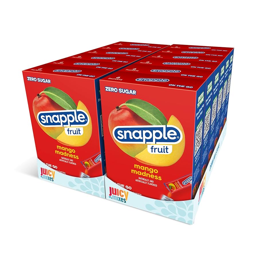 Front of Snapple Mango Madness Singles To Go box showing vibrant design with mango illustrations, brand logo, and 12 pack details.