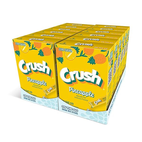 Front of Crush Pineapple Singles To Go pack showing bright yellow packaging, logo, pineapple flavour, and 12 pack of drink mix sticks (180g)