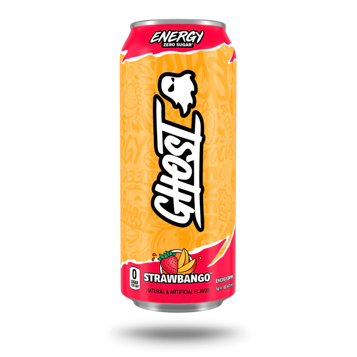 Front of Ghost Energy Strawbango can featuring vibrant colours, logo, and images of strawberries and mangoes (473ml)