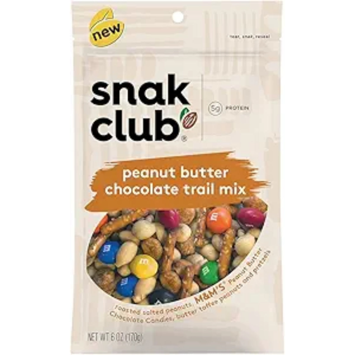 Front of Snack Club Tajin Peanut Butter Chocolate Trail Mix bag displaying the brand logo, product name, and a colourful mix of pretzels, peanuts, and chocolate pieces (170g pack)