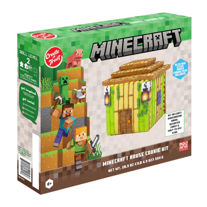 Front of Minecraft Build Your Own Pyramid House Cookie Kit showing vibrant green packaging, featuring a pyramid house, characters, and kit details (594g)