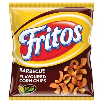 Front of a yellow and brown bag of Fritos Barbecue Corn Chips featuring the logo and images of corn chips (25g pack)