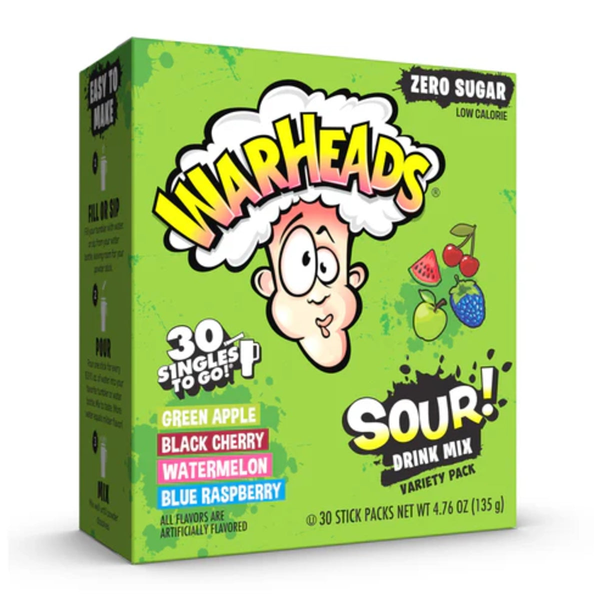Front of Warheads Singles to Go Variety Pack showing cartoon character, vibrant packaging with flavours green apple, black cherry, watermelon, and blue raspberry (135g pack)