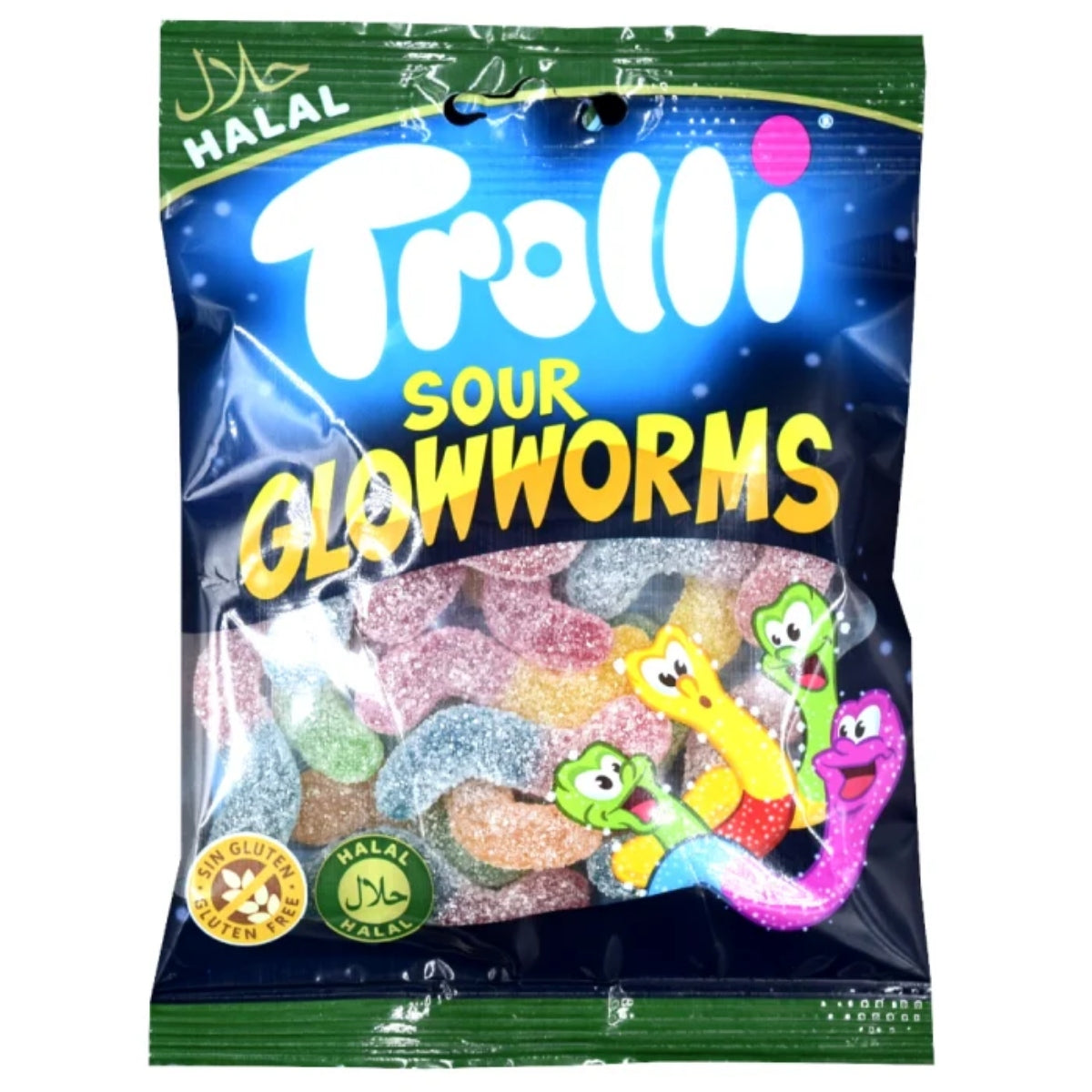 Front of Trolli Halal Sour Glowworms bag displaying bright logo, colourful worm-shaped gummies, and 100g pack size