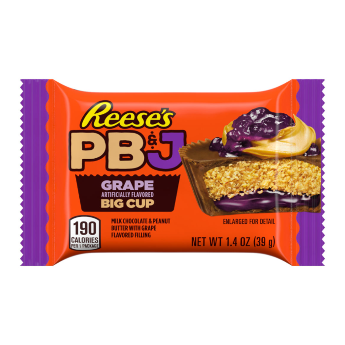 Front of Reese's PB&J Grape Big Cup packaging showing logo, grape flavour label, and milk chocolate and peanut butter cup (40g)