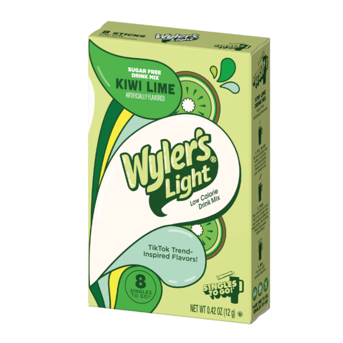 Front of Wyler's Light Singles To Go box showing logo, Kiwi Lime flavour, and packaging details (12g pack)