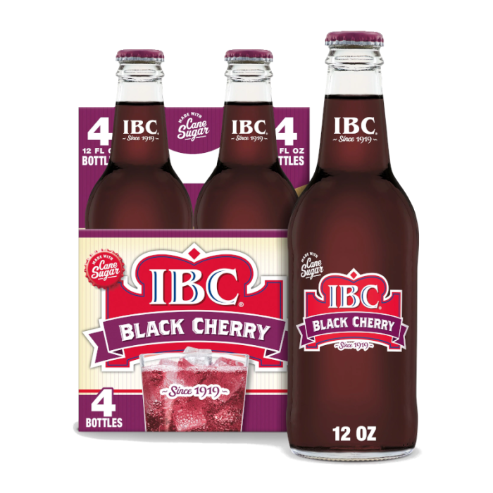 Front of IBC Black Cherry Soda 355ml (4 Pack) with logo and images of bottles filled with dark soda