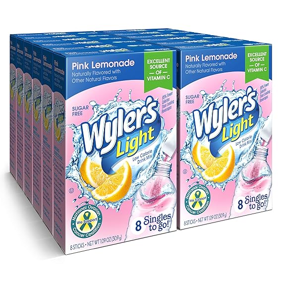 Front of Wyler's Pink Lemonade Singles To Go box showing logo, pink lemonade flavour, and 12 pack size (370.8g total)