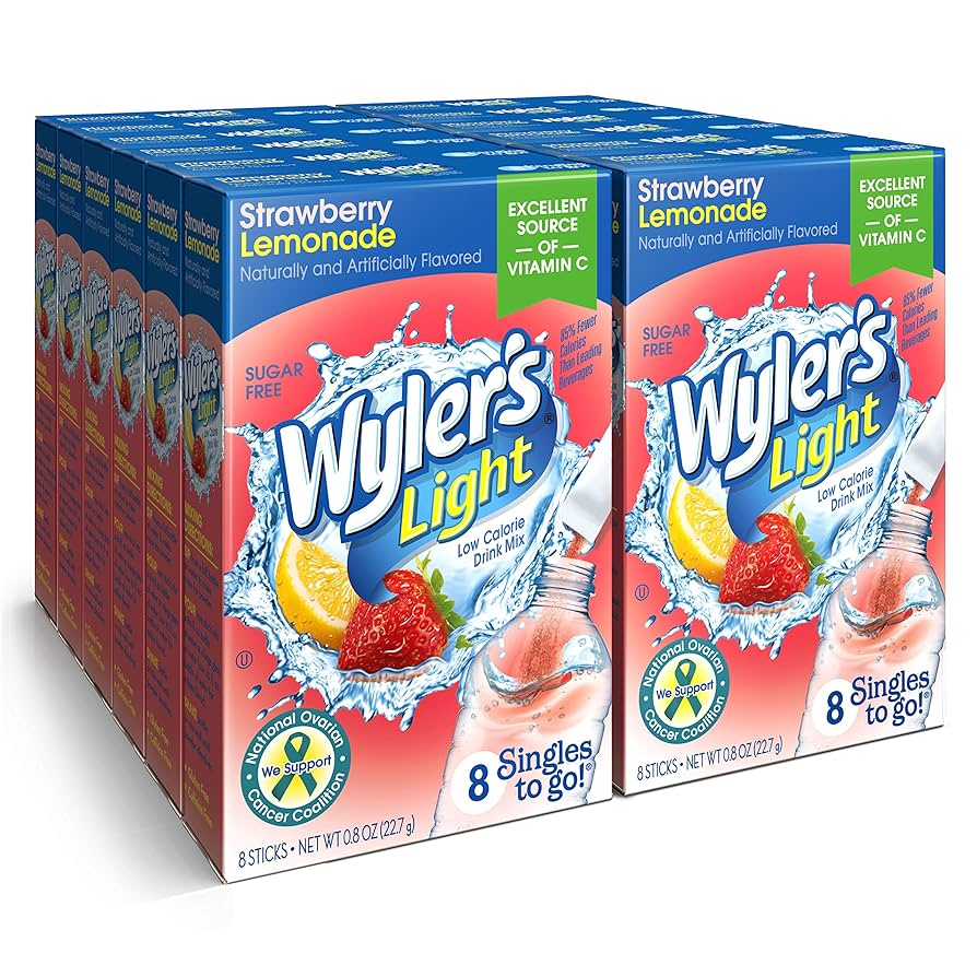 Front of Wyler's Strawberry Lemonade Singles To Go box showing the logo, strawberry and lemon visuals, and indicating 12 pack of drink mix.