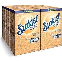 Front of Sunkist Peach Zero Sugar Singles To Go pack showing peach flavour label and branding (180g, 12 Pack)