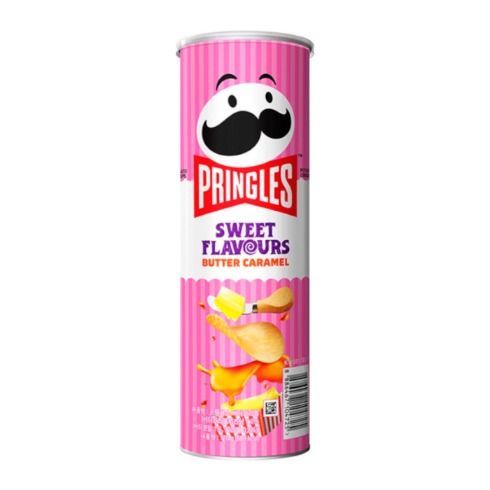 Front of Pringles Butter Caramel tube showing logo, sweet flavours label, and colorful illustrations (110g pack)