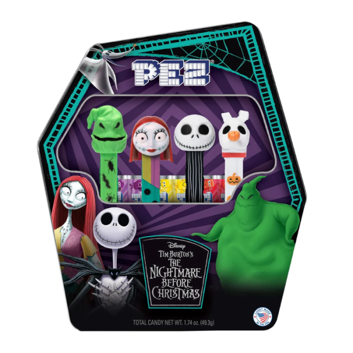Front of PEZ Nightmare Before Christmas Collectors Gift Tin featuring colourful character dispensers, including Jack Skellington and Sally, with a total of 1.74 oz (49.3g)