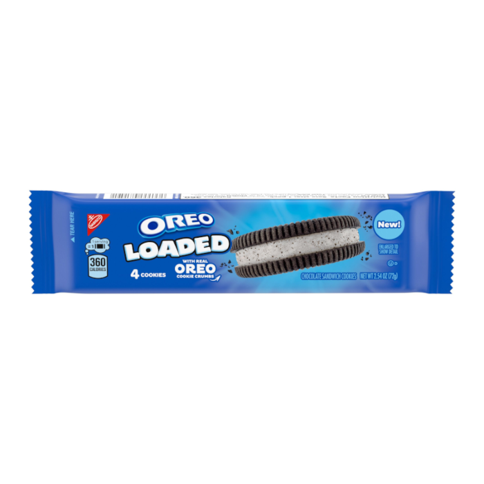 Front of Oreo Loaded Sandwich Cookies pack showing blue logo, chocolate sandwich cookies with cream filling and Oreo cookie crumbles (72g)