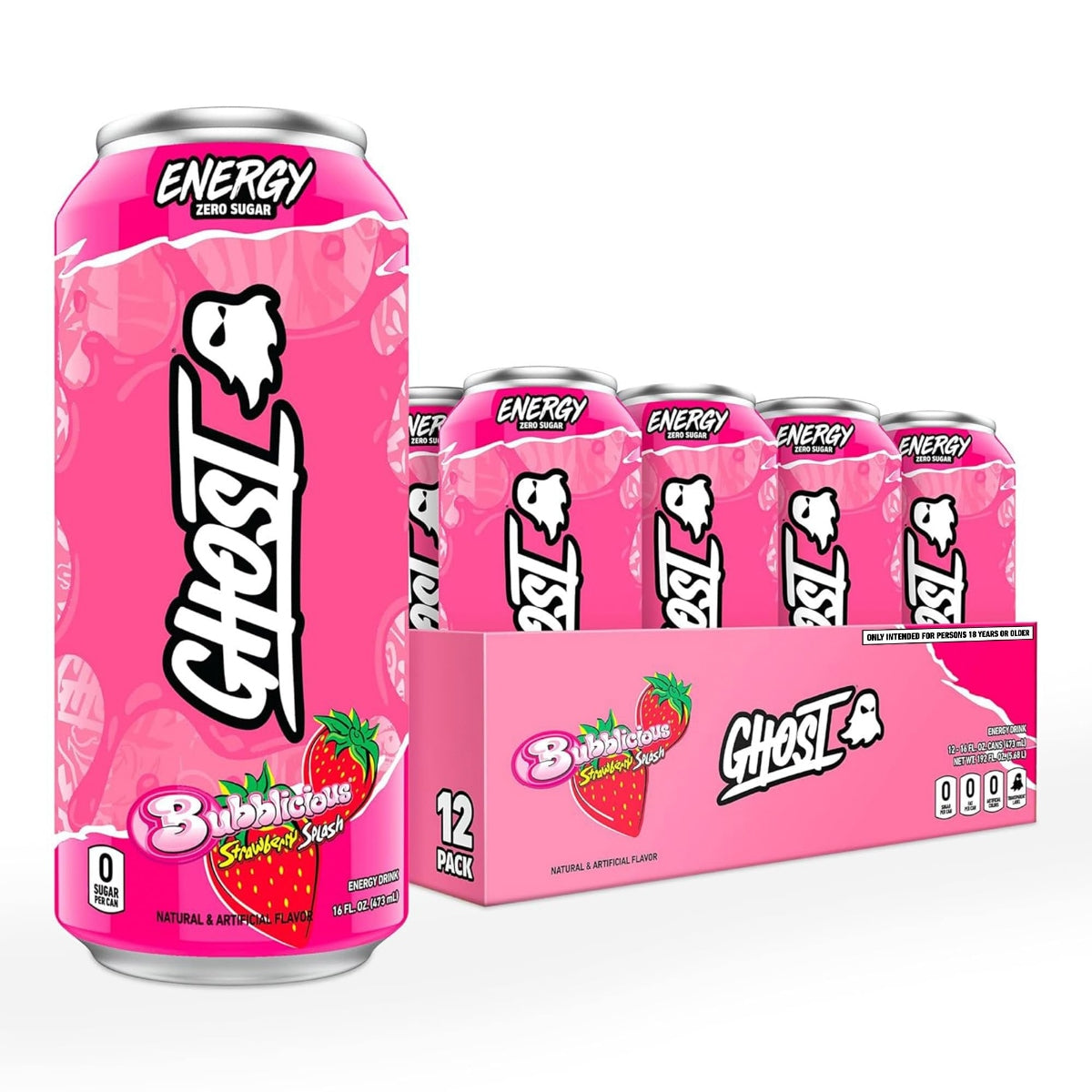 Front of a Ghost Bubblicious Strawberry Splash Energy Drink can, showcasing logo, strawberry flavour, and 12-pack case (473ml each)
