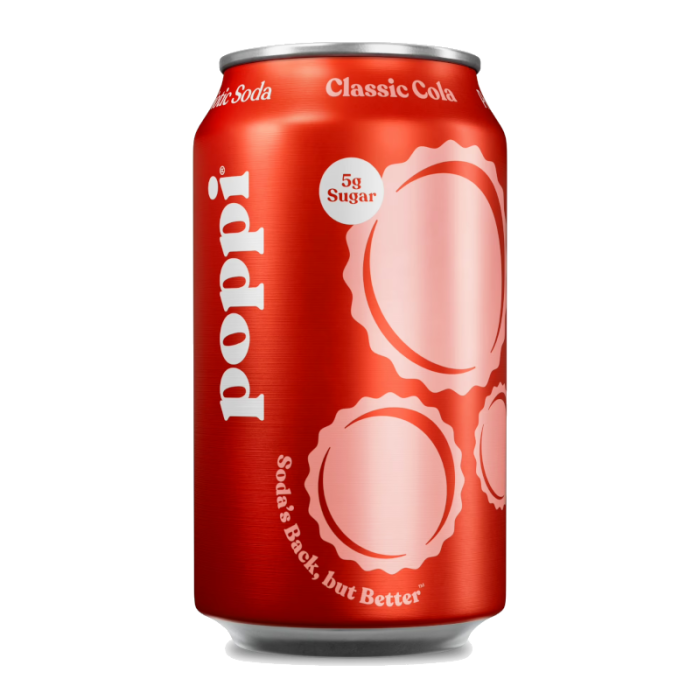 Front of Poppi Classic Cola can displaying logo, 5g sugar statement, and vibrant red design (355ml pack)