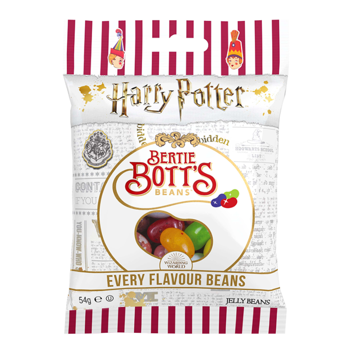 Front of Harry Potter Bertie Bott's Every Flavour Beans bag featuring colourful jelly beans, logo, and 54g pack size
