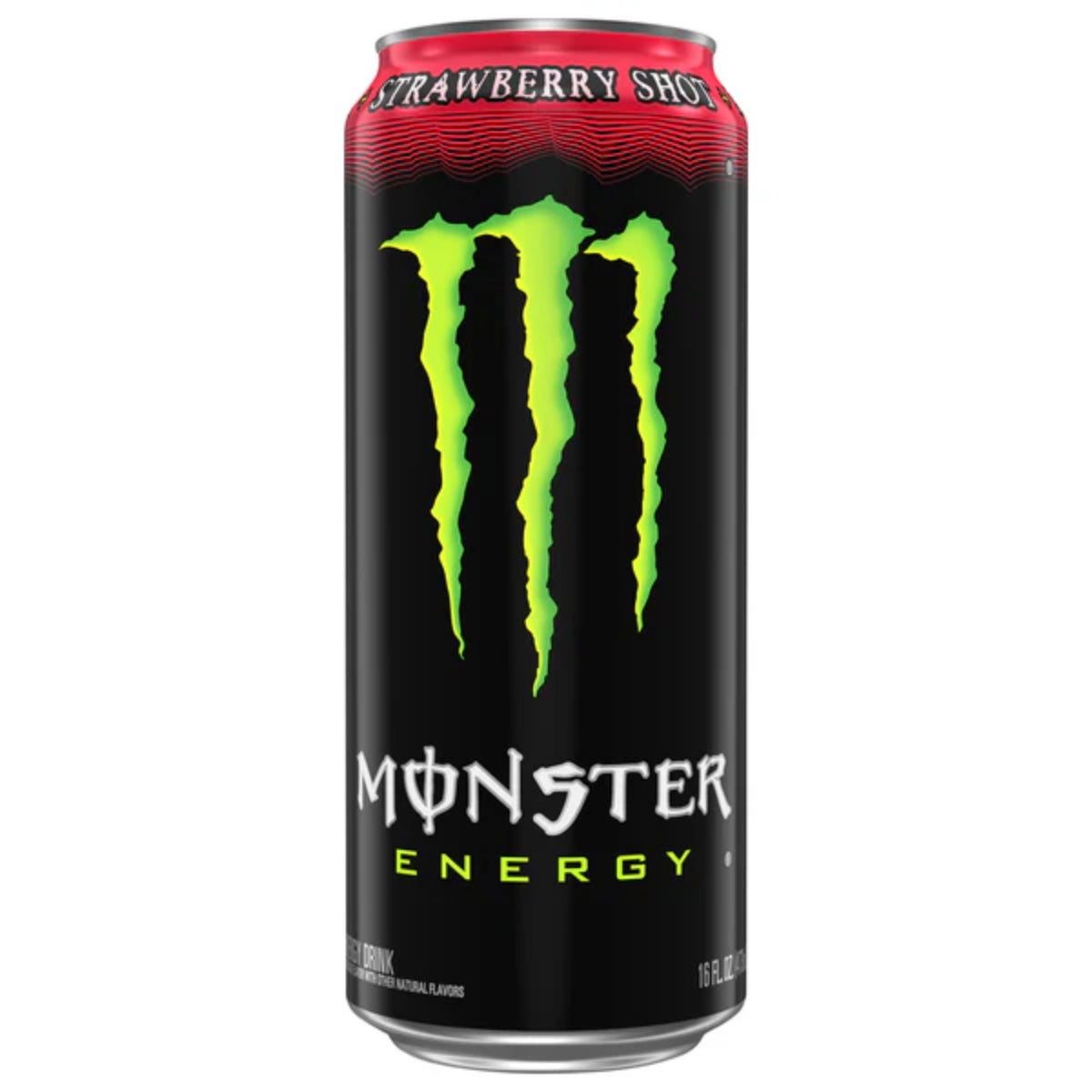 Front of Monster Energy Original Strawberry Shot can showcasing vibrant design with strawberry flavour and 473ml size
