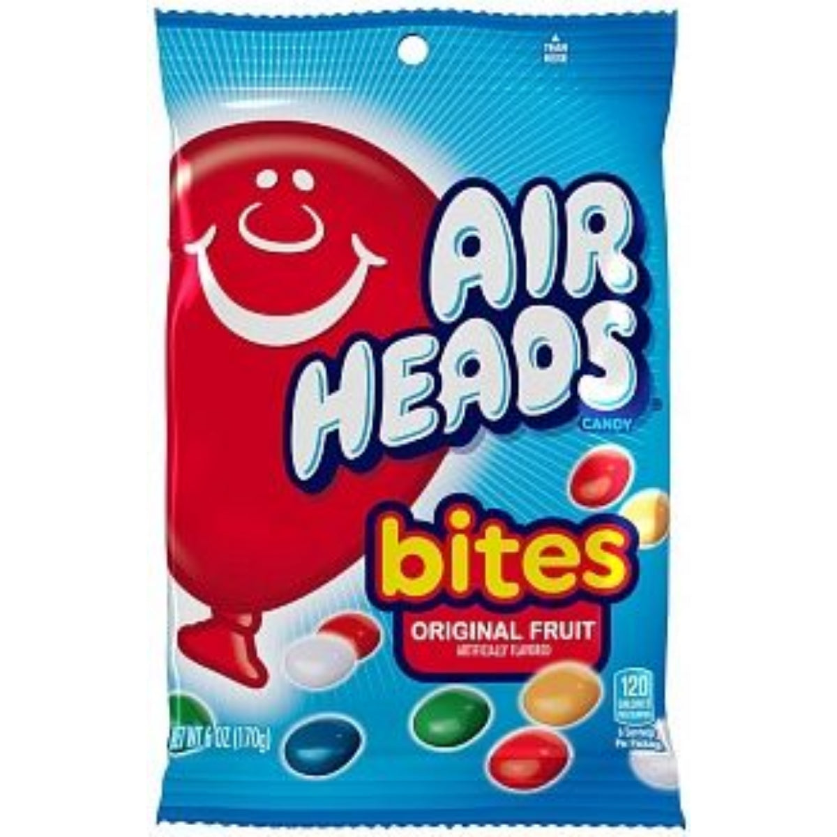 Front of Airheads Original Fruit Candy bag showing colourful chewy candies and logo on a blue background (170g pack)