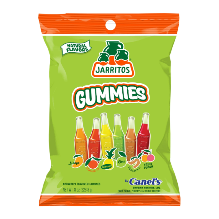 Front of Jarritos Gummies bag showing colourful gummy candies, Jarritos logo, and the pack size of 141g