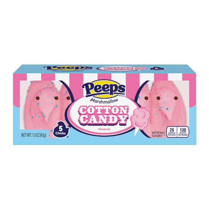 Front of Peeps Cotton Candy Marshmallow Chicks packaging showing the brand logo, pink cotton candy chicks, and pack size (42g)