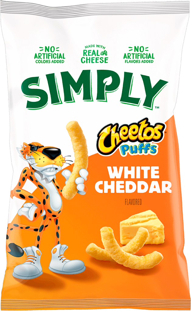 Front of Simply Cheetos White Cheddar bag featuring the logo, orange colour scheme, and cheese puffs with real cheese imagery (226.8g pack)
