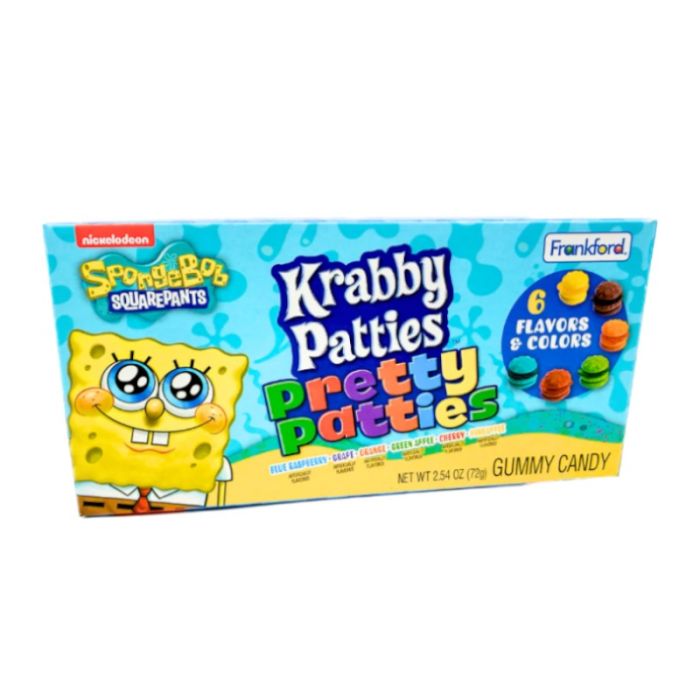 Front of Spongebob Squarepants Gummy Krabby Pretty Patties Theatre Box showing colourful gummies and cartoon characters (72g pack)