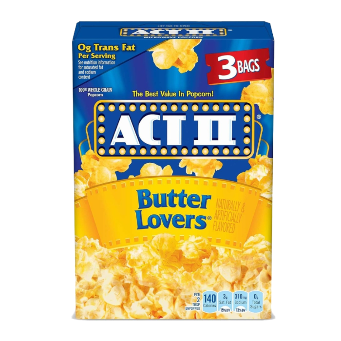 Front of Act II Popcorn Butter Lovers pack showing the blue logo, butter popcorn flavour, and 3 bag quantity (78g each)