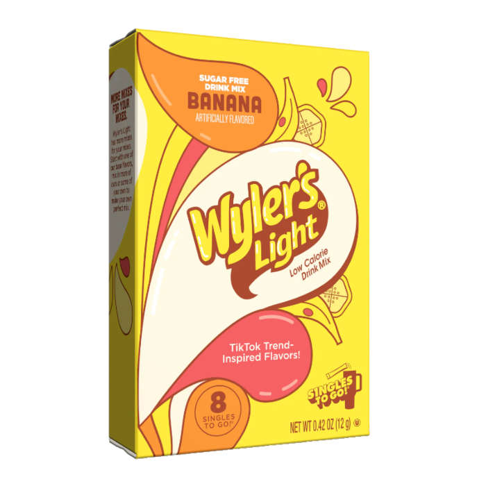 Front of Wyler's Light Singles To Go Watertok Banana box showing bright yellow packaging, sugar-free label, and 12g pack size