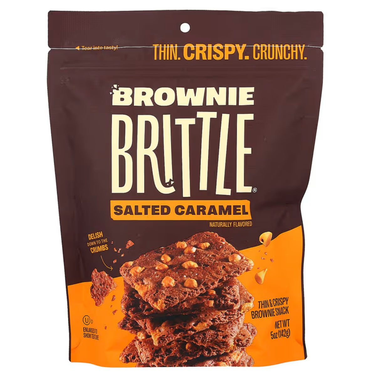 Front of Sheila G's Brownie Brittle Salted Caramel bag showing logo, salted caramel flavour text, and crispy brownie pieces (78g pack)