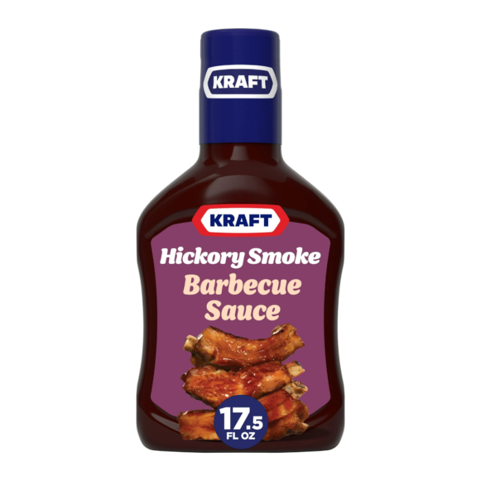 Front of Kraft Hickory Smoke Barbeque Sauce bottle showing hickory smoked flavour label and image of barbecue ribs (496g)