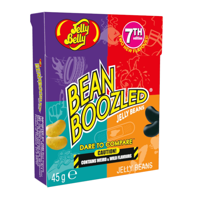 Front of Jelly Belly Beanboozled Flip Top Box showing logo, colourful packaging, and description of weird and wild jelly bean flavours (45g)