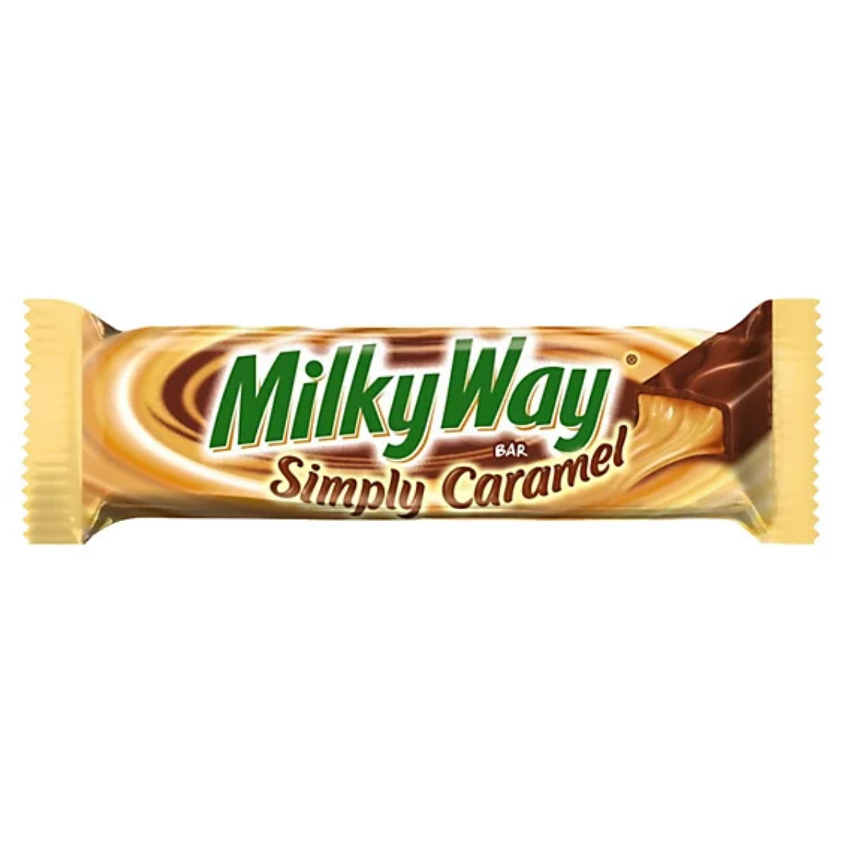 Front of Milky Way Simply Caramel bar showing the logo and caramel-filled chocolate packaging (43g)