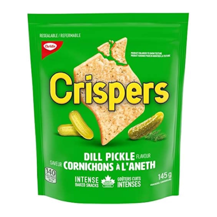 Front of Crispers Dill Pickle Crackers bag showing vibrant green packaging, brand logo, dill pickle flavour visual, and 145g pack size.