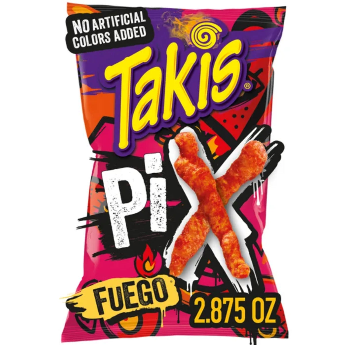 Front of a bright pink bag of Takis Fuego Pix showing logo, flavour details, and pack size (81g)